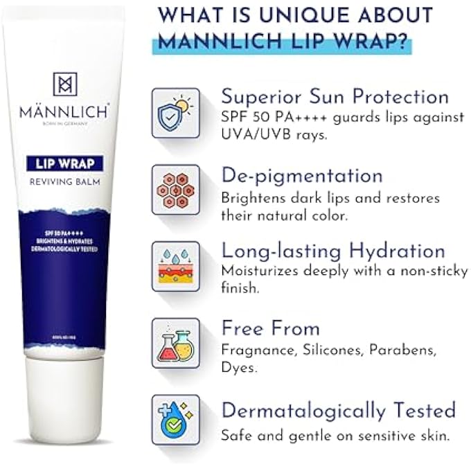 Mannlich LIP BALM FOR MEN (10G) LIP CARE WITH SPF 50 PA++++ PROTECTION - LIP LIGHTENING FOR DRY & CHAPPED LIPS - MOISTURIZES, LONG-LASTING HYDRATION WITH 2% KOJIC ACID & 1% HYALURONIC ACID, WHITE - Image 4